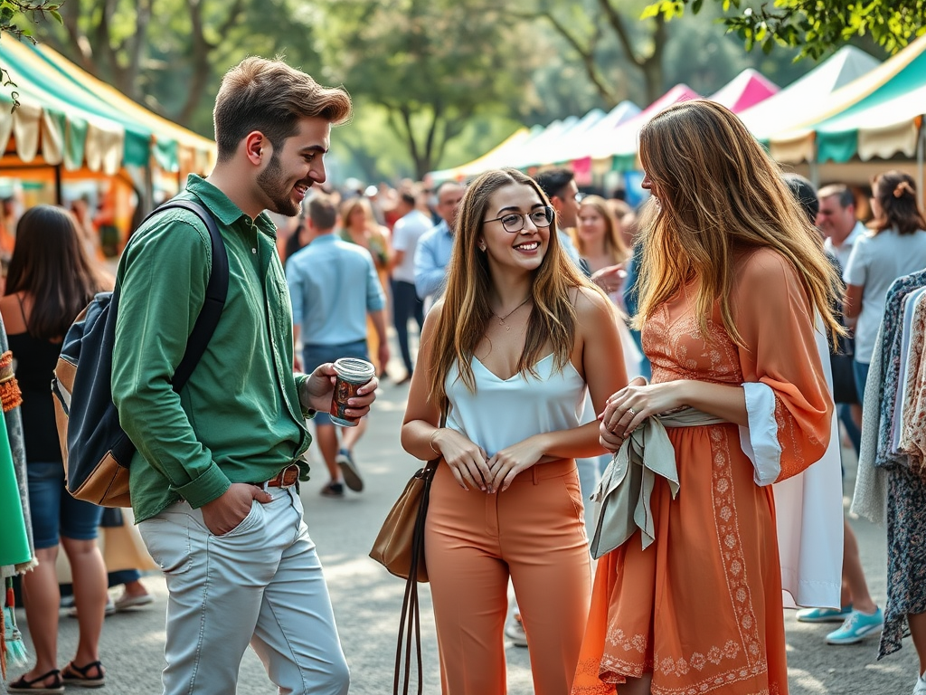 Mężczyzna i dwie kobiety rozmawiają w tłumie na festiwalu, otoczeni kolorowymi straganami.