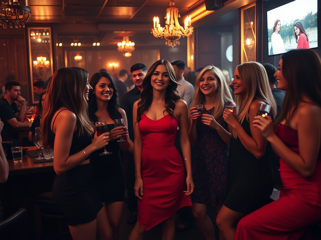 Grupa kobiet w eleganckich sukienkach bawi się w barze, trzymając drinki i śmiejąc się. Świetna atmosfera!