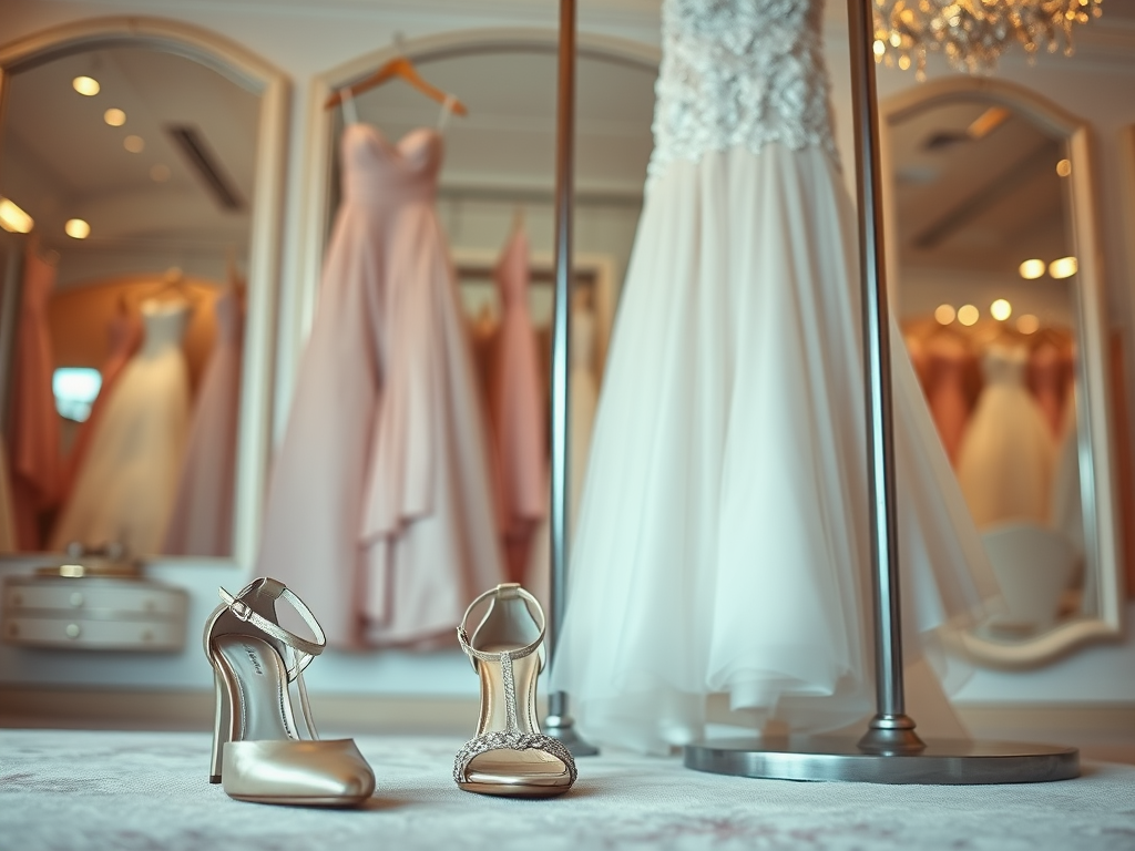 Stojące na podłodze eleganckie buty przed wiszącymi sukniami w luksusowym salonie mody.